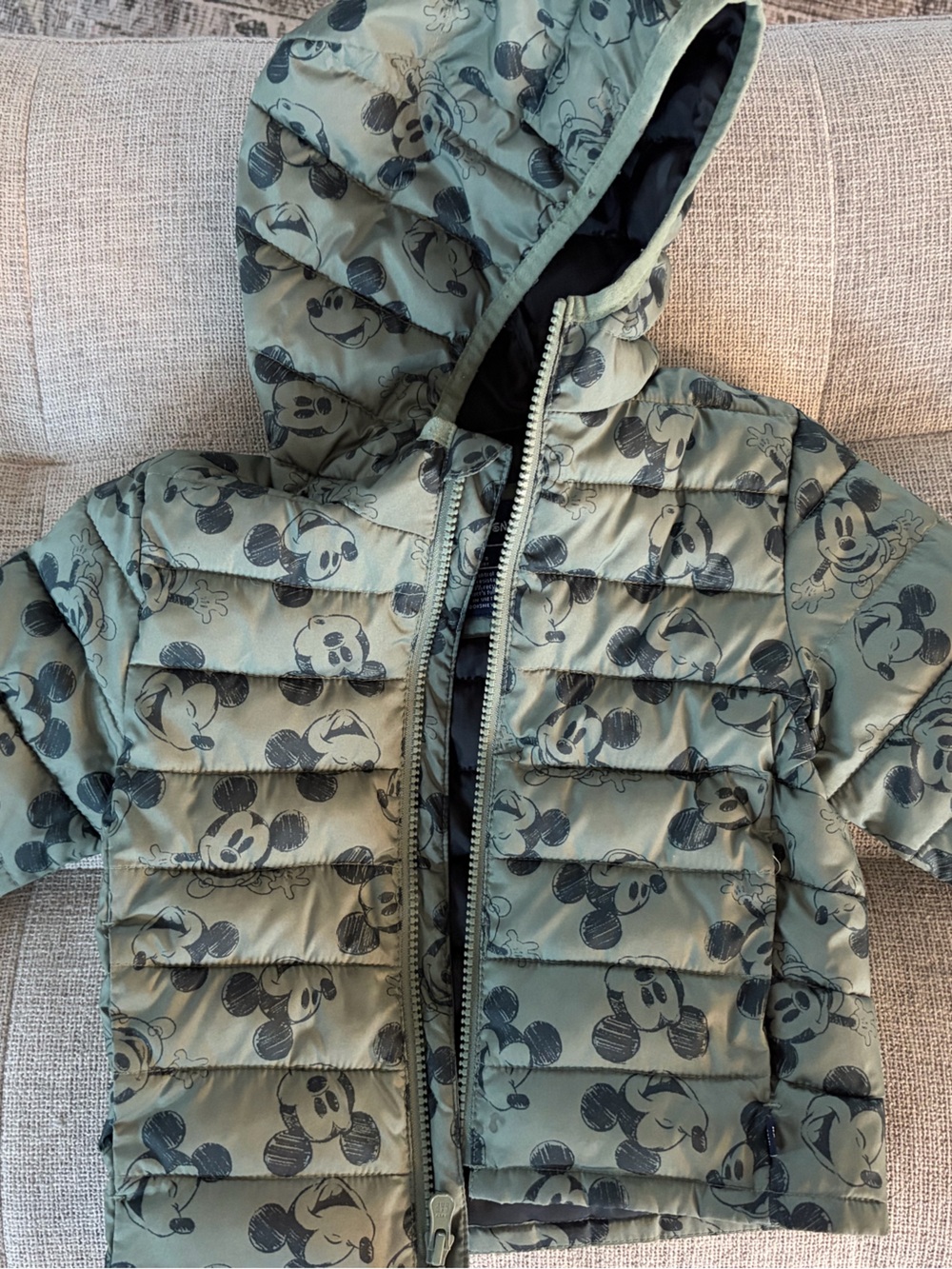 Kids Olive Green Mickey Print Puffer Jacket